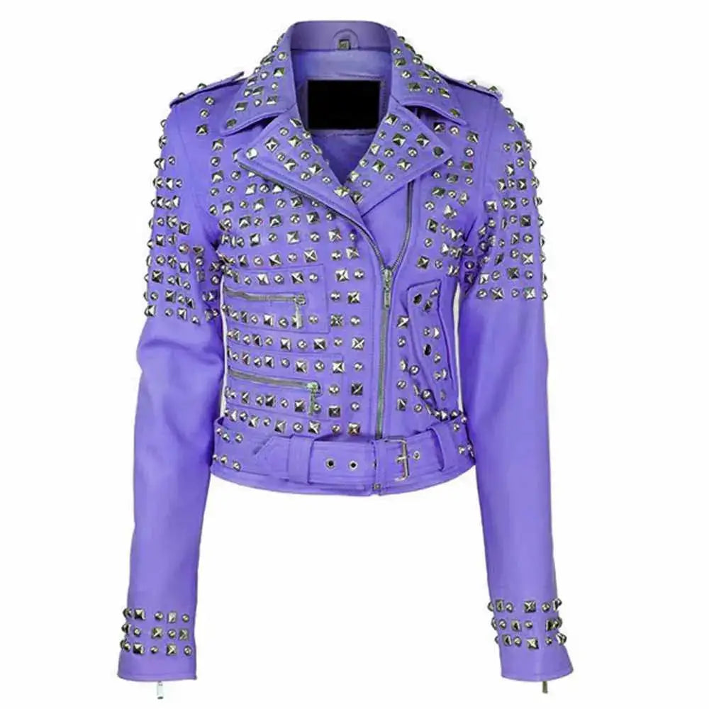Women's Studded Brando Leather Motorcycle Jacket-3