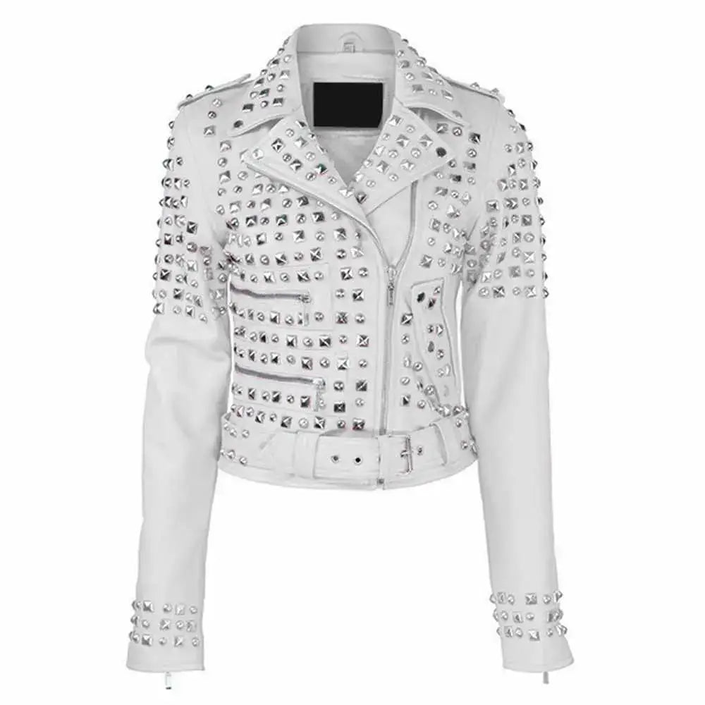 Women's Studded Brando Leather Motorcycle Jacket-4