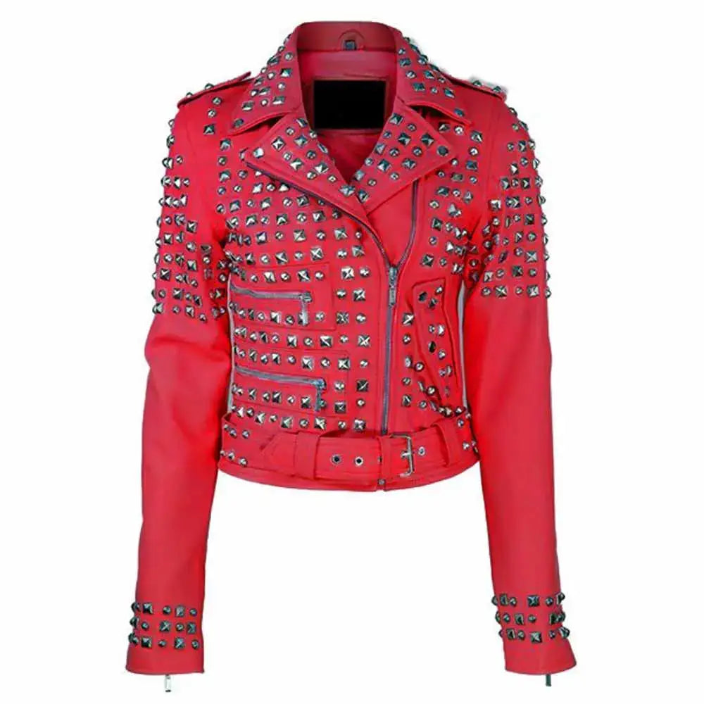 Women's Studded Brando Leather Motorcycle Jacket-2