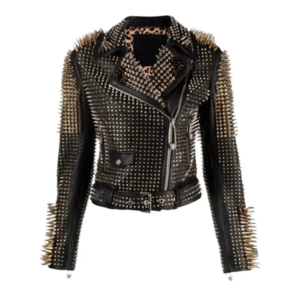 Women’s Studded Leather Biker Jacket-0