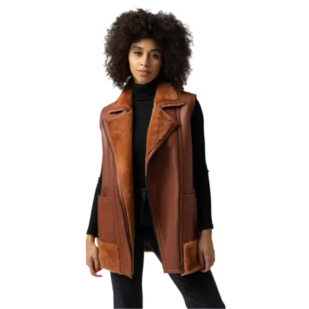 Women’s Tan Brown B3 Bomber Shearling Vest-2