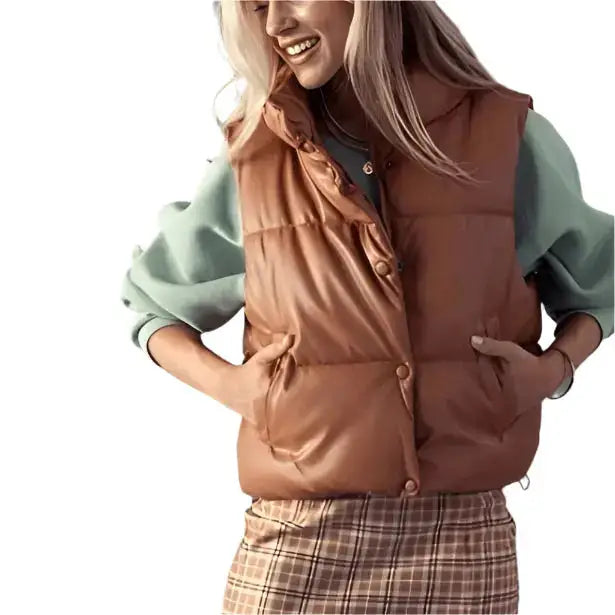 Women’s Tan Brown Leather Puffer Vest-2