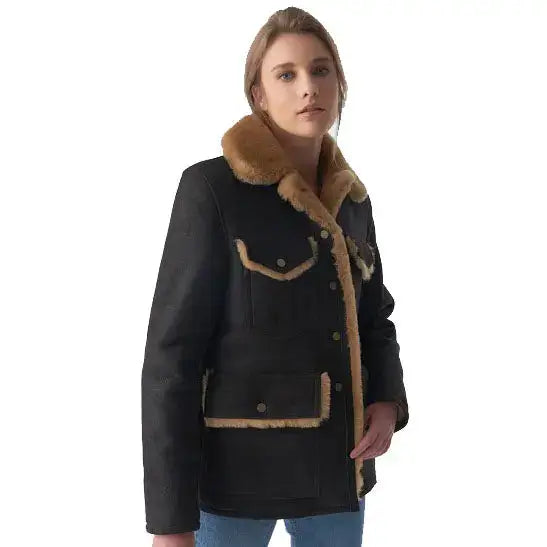 Women's Washed Brown Sheepskin Western Trucker Coat-3