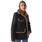 Women's Washed Brown Sheepskin Western Trucker Coat-3