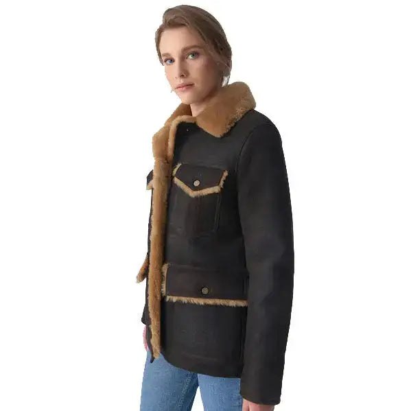 Women's Washed Brown Sheepskin Western Trucker Coat-4