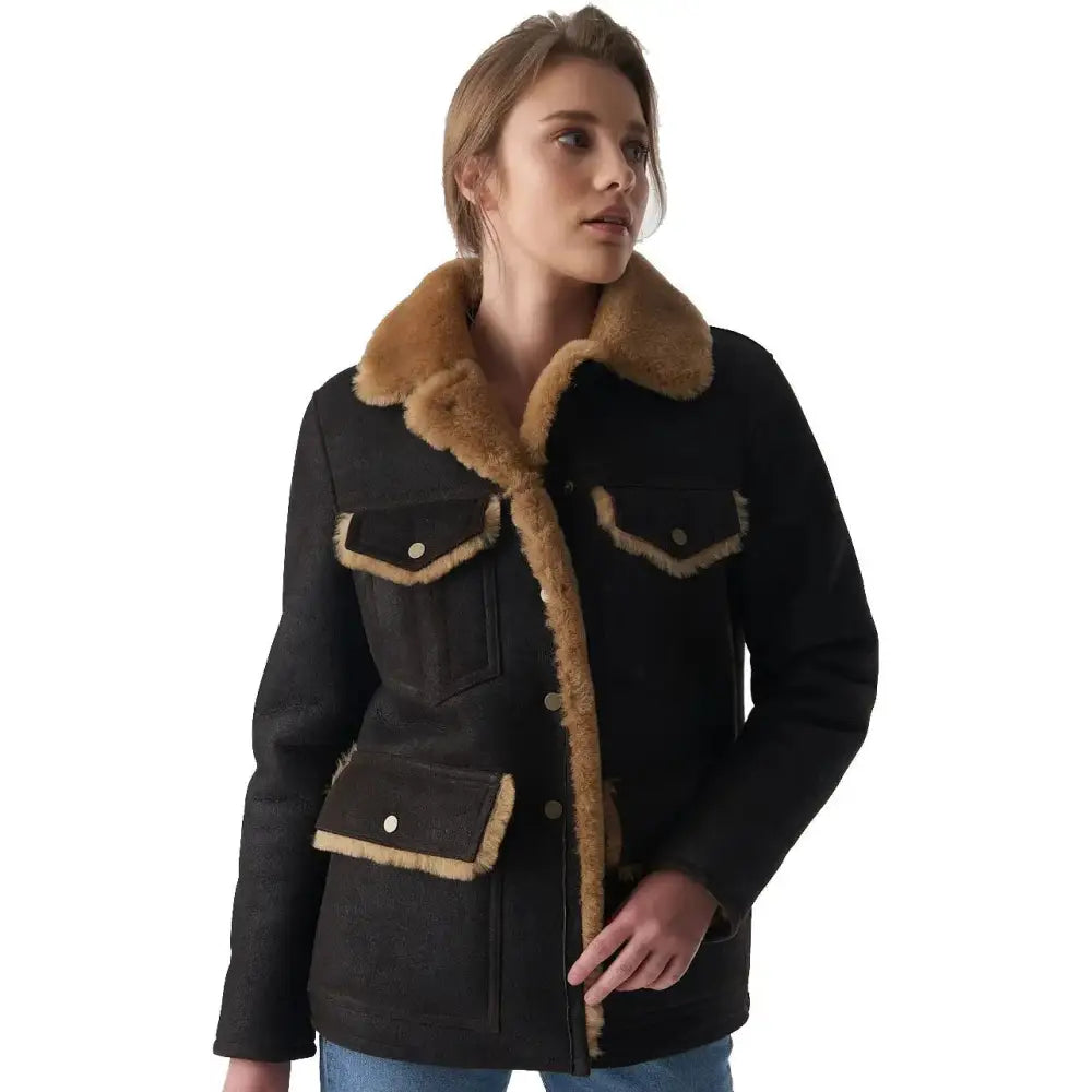 Women's Washed Brown Sheepskin Western Trucker Coat-2