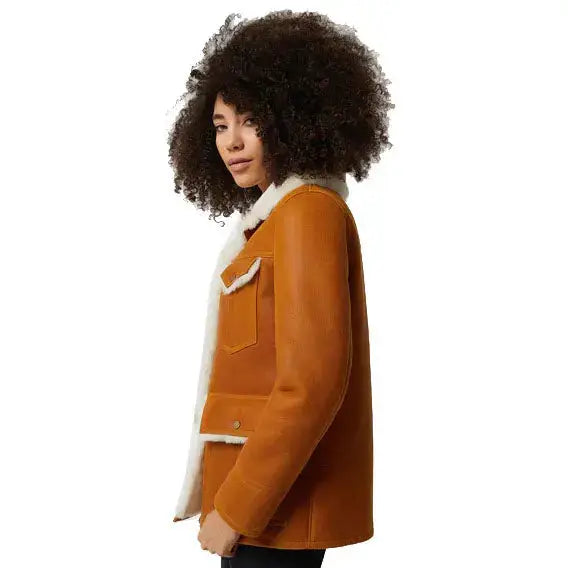Women's Washed Tan Shearling Western Trucker Coat with White Fur-2