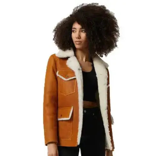 Women's Washed Tan Shearling Western Trucker Coat with White Fur-1