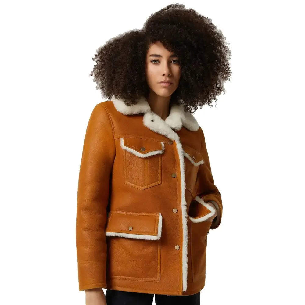 Women's Washed Tan Shearling Western Trucker Coat with White Fur-0