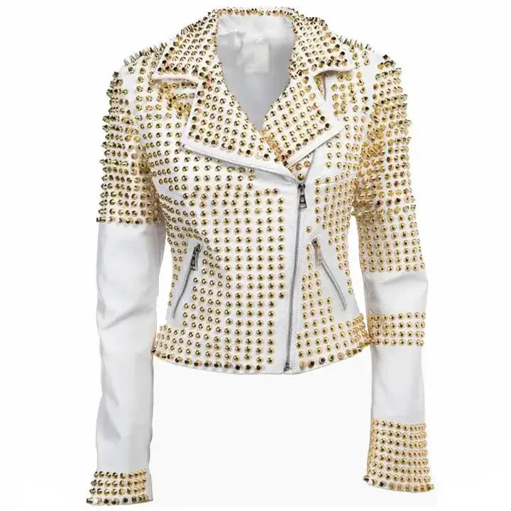 Women’s White Leather Golden Studded Jacket-0