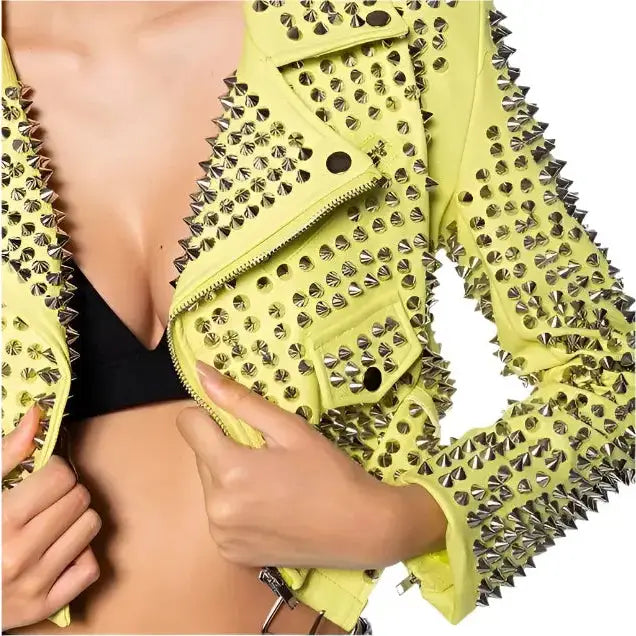 Women’s Yellow Studded Brando Biker Jacket-3